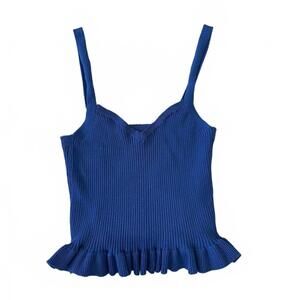 Debut Women's Blue Ribbed Knit Top with Ruffle Hem - Size S/M